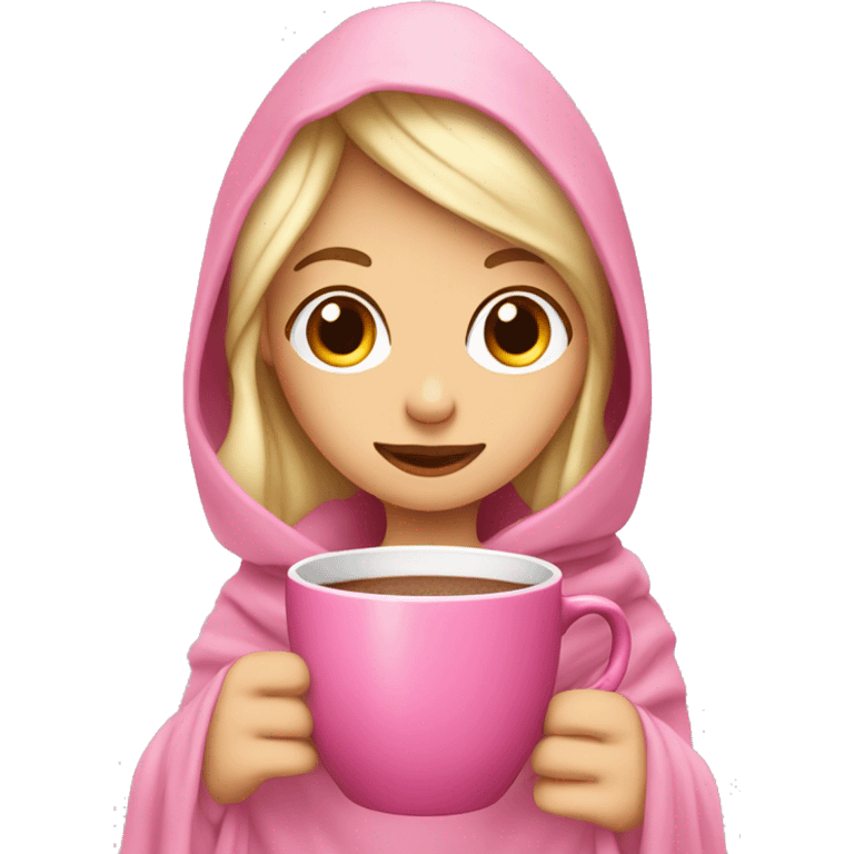 blonde girl with a pink blanket over her head with a cup of hot chocolate in a pink mug emoji