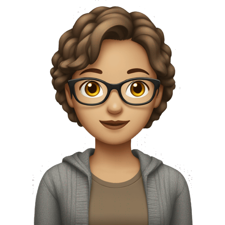 a girl with short brown hair wearing glasses and wearing a brown t-shirt covered with a gray cardigan emoji