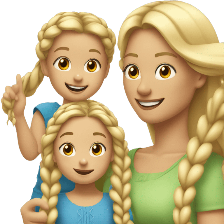 An emoji of a blonde mother with very long hair and a cheerful expression, standing next to her 3-year-old daughter, a small girl with black hair styled in two braids, both smiling happily together emoji