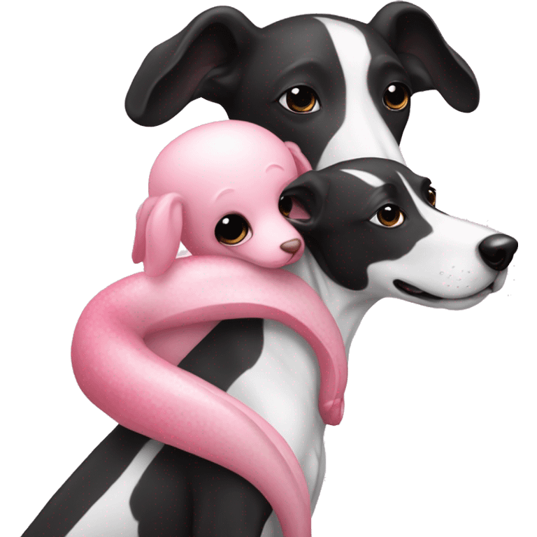 a pink squid hugging a black and white greyhound emoji