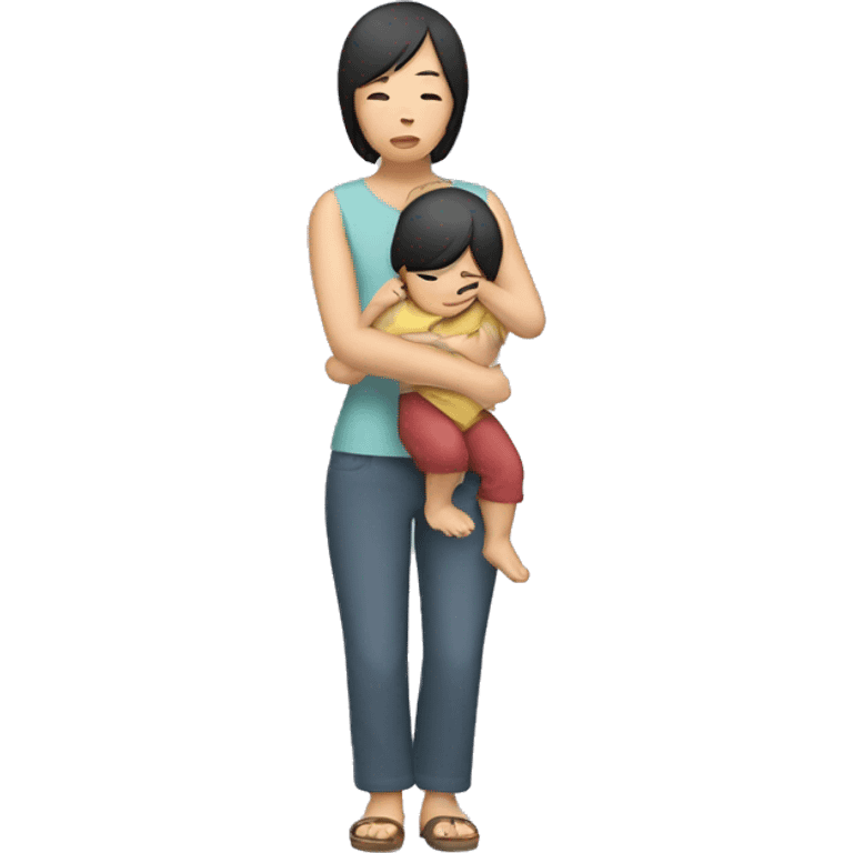 asian sad mum holding two kids, full body standing emoji