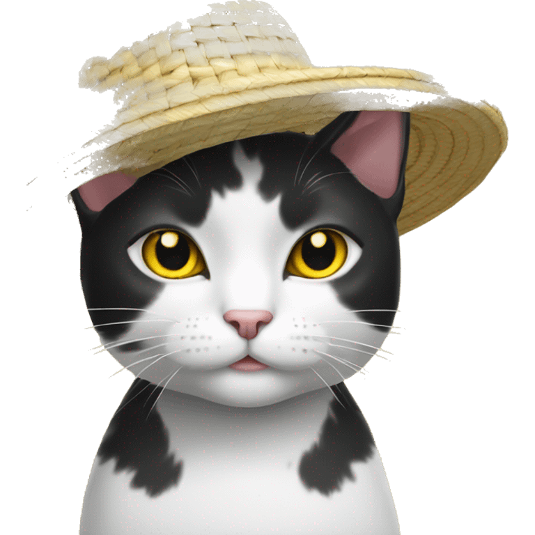 Chinese straw hat black and white cat with yellow eyes emoji