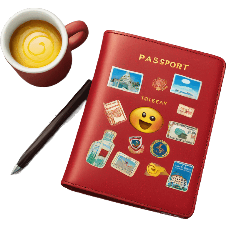 Red passport cover with travel stickers  emoji