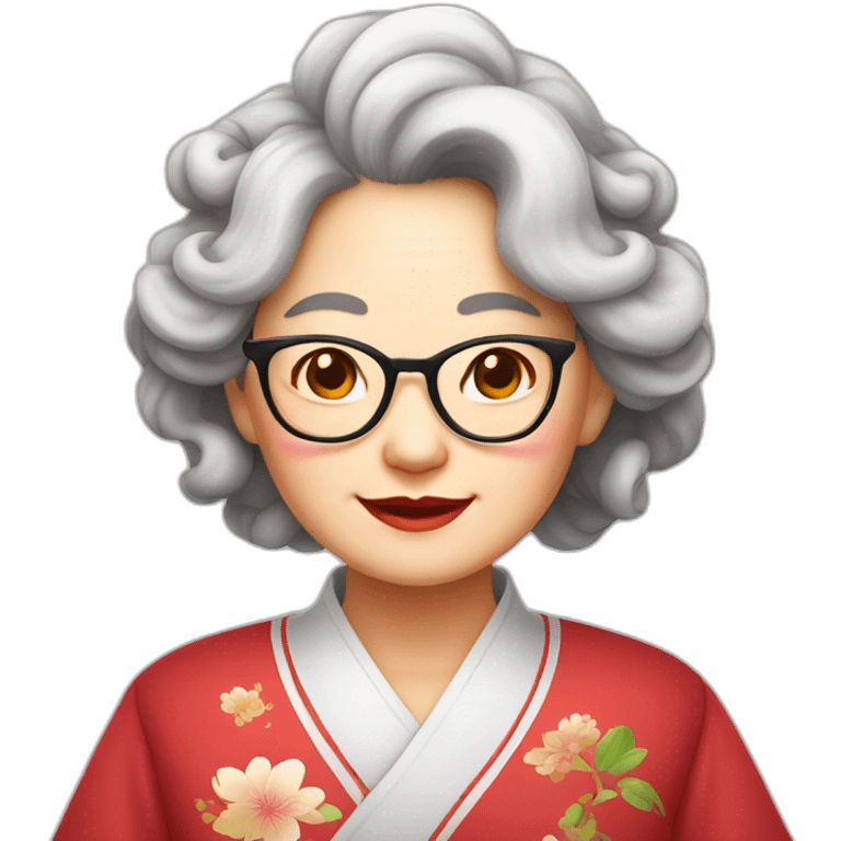 Chinese seniors lady wear glasses has wavy long hair wear Chinese traditional dress show appreciation sign emoji