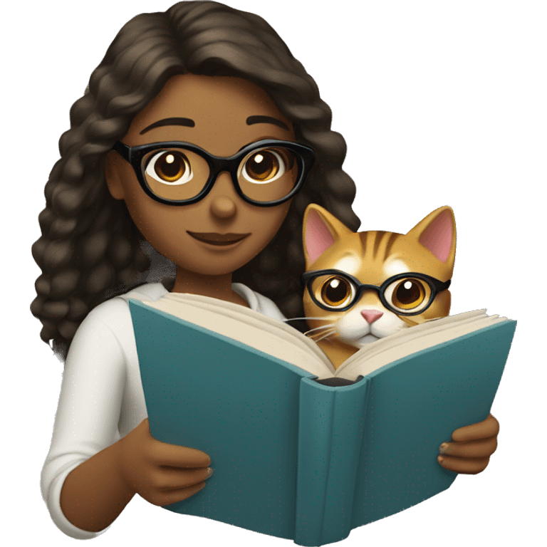 Girl reading a book with a cat and glasses emoji