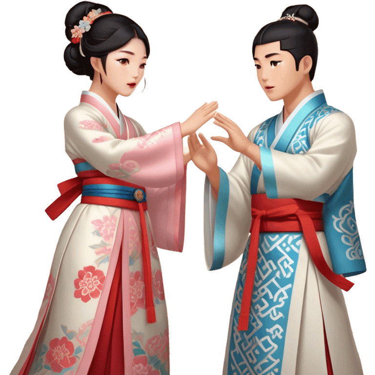 Cinematic Realistic scene of two performers engaging in Ganggangsullae, dressed in traditional Korean costumes with intricate patterns and graceful movements, illuminated by soft, festive lighting that accentuates the cultural ambiance emoji