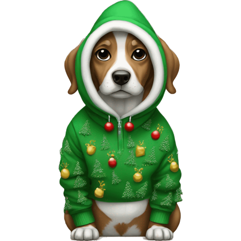 dog wearing a christmas tree hoodie emoji