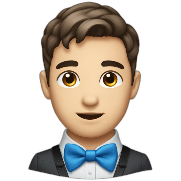 A young male tennager with a round face and very short brown hair and a mole on chin wearing a blue bow tie emoji