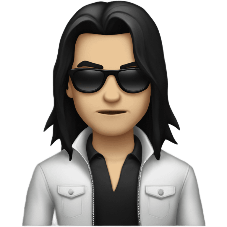 Vampire male, with long black hair, masculine face, fine lips, serious face expression, black sunglasses, lather jacket, underneath black t-shirt emoji