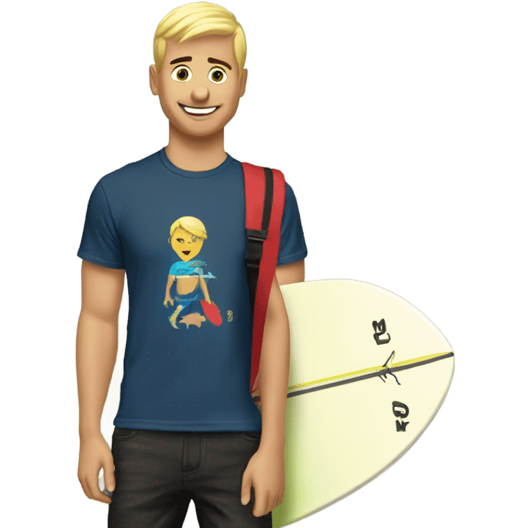 Short hair blond surfer with “love this life” written on his tshirt emoji