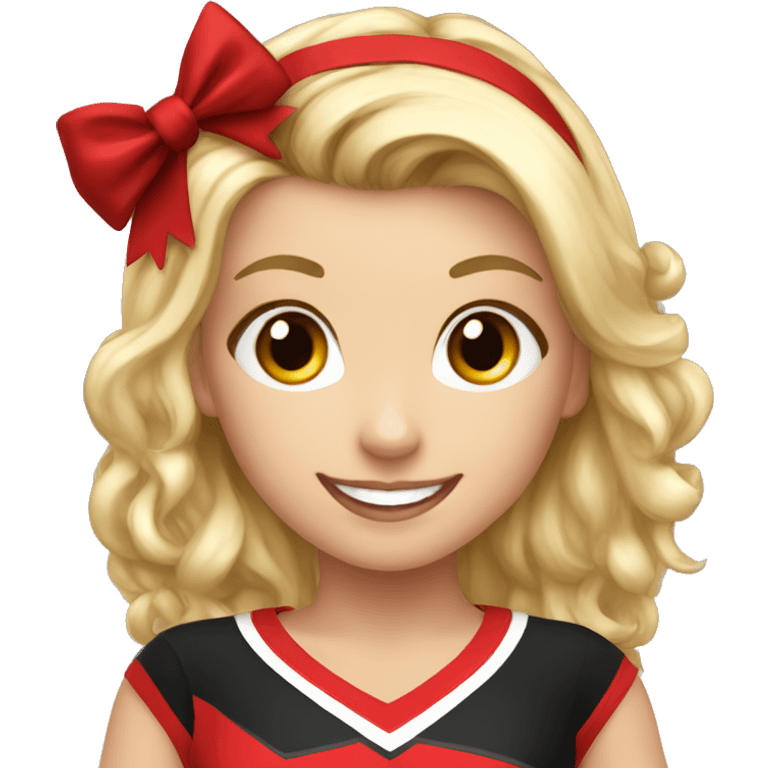 Cheerleader, girl, red and black uniform, blonde hair, pom poms, happy emoji