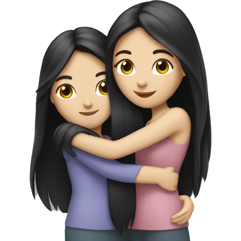 Two white girls with long black hair hugging. emoji