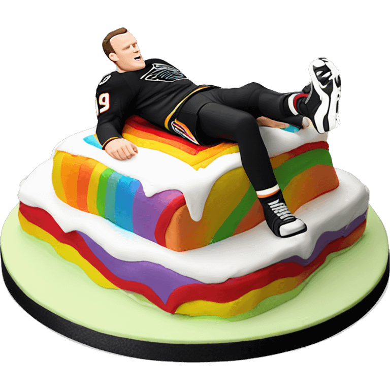 Jonathan Toews laying on a rainbow cake emoji