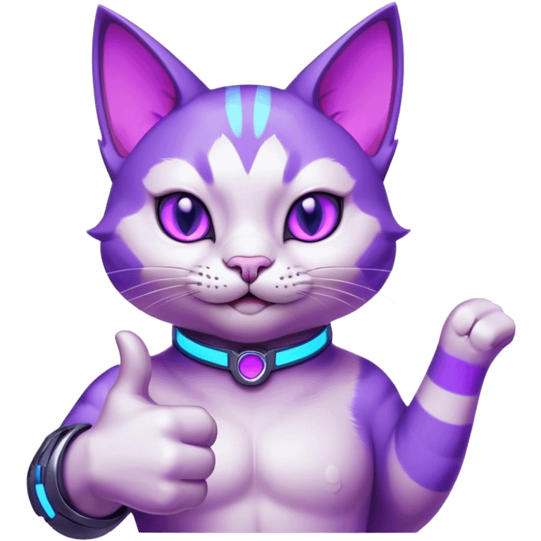 Create a highly detailed yet simplified cartoon-style male cat emoji with a confident thumbs-up gesture, optimized for a small emoji size. The cat should be primarily purple with bold white accents for contrast. He has a strong jawline and a confident smirk, reinforcing his masculine features. His large, expressive eyes glow in a neon purple shade to maintain visibility at a tiny scale. His ears are perked up, and his pose is slightly tilted forward to enhance the sense of motion. The thumbs-up paw is exaggerated in size to ensure clarity, with smooth shading and a glossy effect. The emoji must have a transparent background with a subtle glow effect in electric blue around the edges to give it a futuristic gaming aesthetic. The outline should be clean and bold, making the design crisp even when scaled down to a small Discord emoji emoji