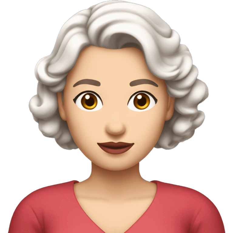 She has soft features, fair skin, and almond-shaped eyes. Her defined eyebrows and natural pink lips frame her face. Her dark, wavy hair is partly tied back, giving her an elegant yet relaxed look.  She wears a red V-neck long luxurious dress. White skin. emoji