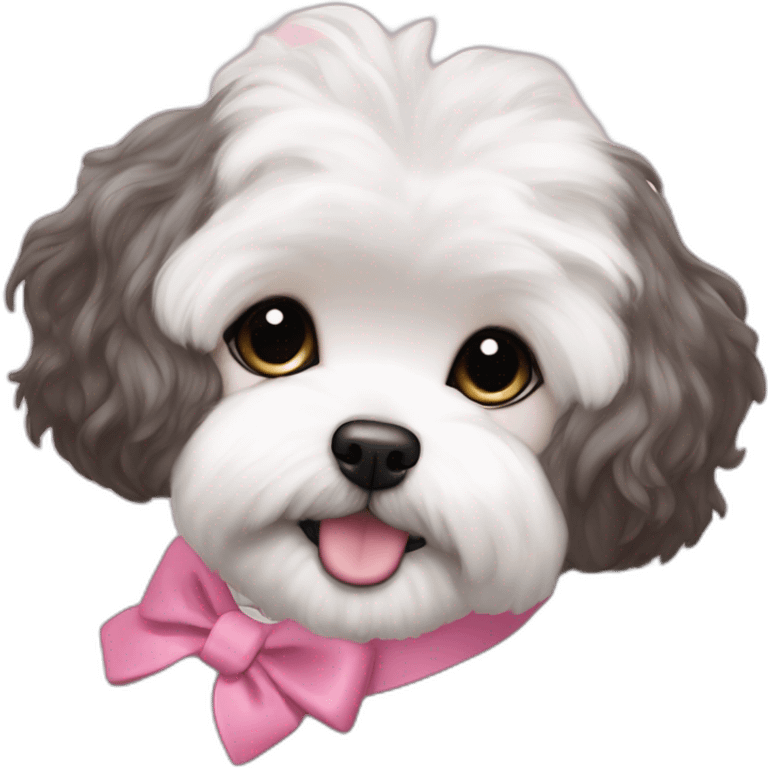 brunette Kendall Jenner with long hair holding on the hands white maltipoo wear on pink collar emoji