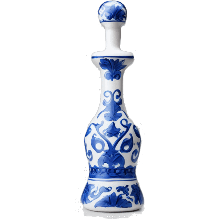 The Clase Azul Tequila bottle is tall and hourglass-shaped, with a wide base that tapers towards the neck. Its white ceramic body is decorated with cobalt blue floral designs, and it’s topped with a complete gray, bell-shaped stopper that curves inward  emoji