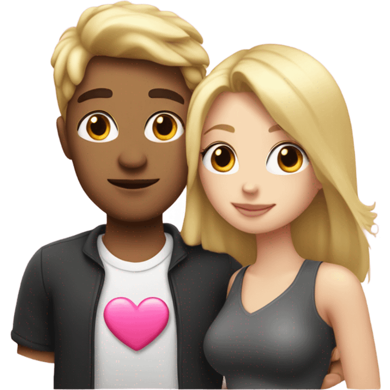 Cute white couple, blonde hair woman and man  dark haired kissing holding a pink heart emoji