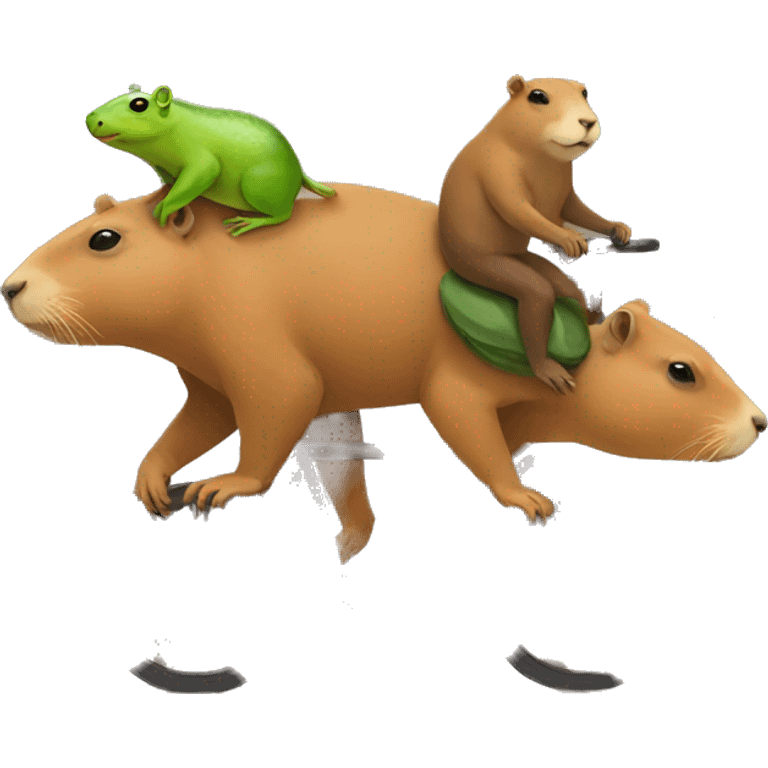 Capybara carrying frog while riding on a cat emoji