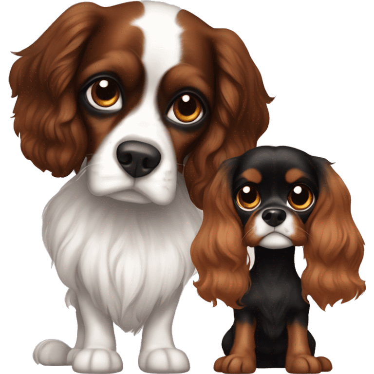 One Blenheim Cavalier and one black and brown cavalier with heart eyes emoji