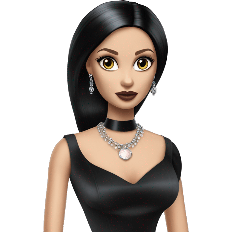 Really Hot Mortcia Addams Barbie. Slinky silk well-fitted, backless black dress. very pale complexion. simple jewelry. Bedroom eyeshadow. Dark straight hair. emoji