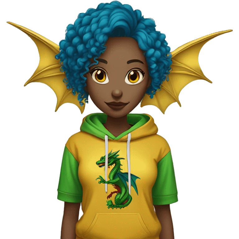 420 Lady with brunette and blue hair, hemp, gold, green dragon wings, maroon hoodie, 420, black and gold Nike t shirt, and bright red eyes emoji