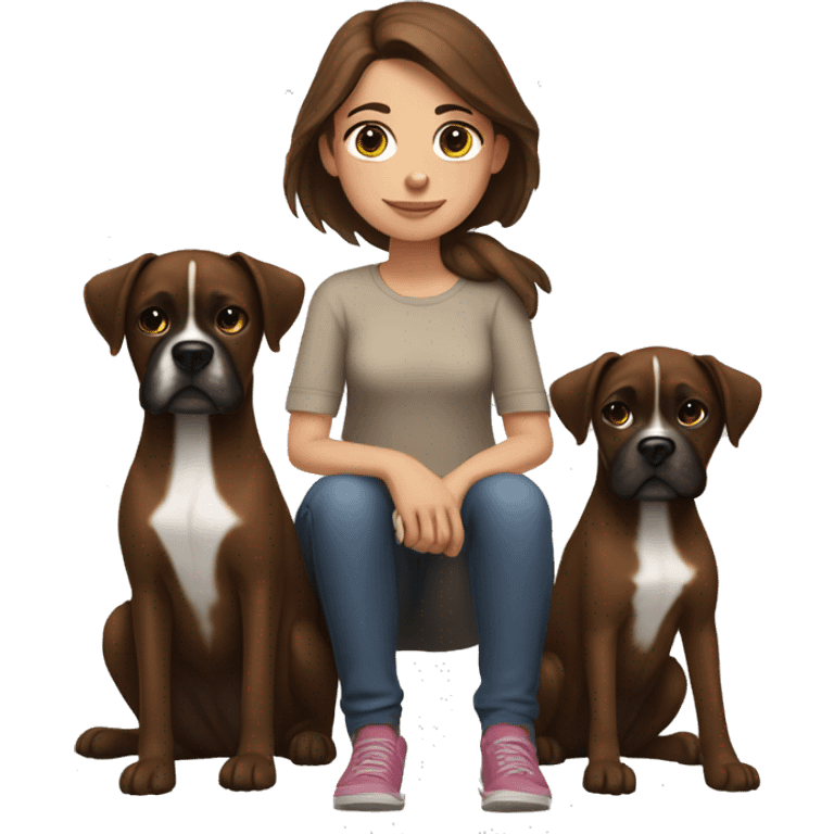 a girl with brown hair, sitting with two dark brown, boxer dogs emoji