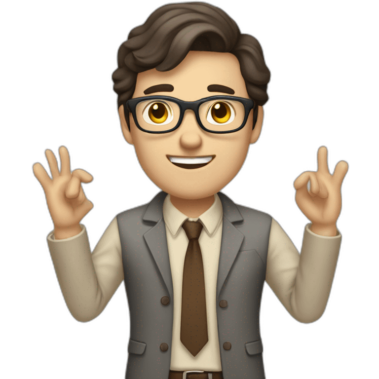 To belt Actively gesturing with hands Pale skinned fit man with dark brown hair in gray jacket, beige office shirt, brown tie, brown pants and vintage glasses. emoji