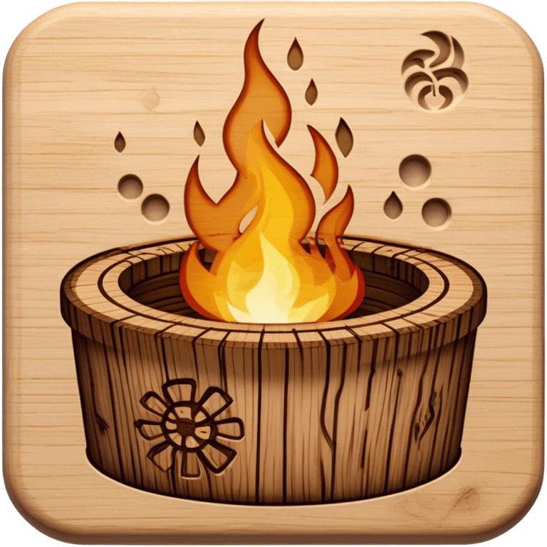 Pyrography icon, wooden surface with detailed burn marks, intricate patterns etched into wood using an incinerator, no flames or smoke, minimalistic style, clean lines, transparent background. emoji