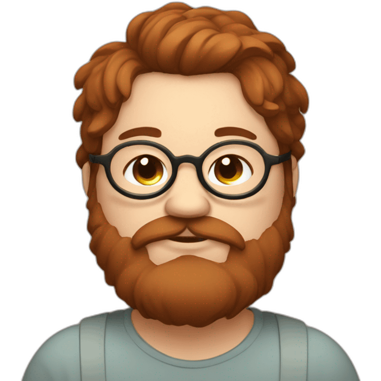 Chubby, non binary, round glasses, attached long brown hair, red and Brown beard, sleepy emoji