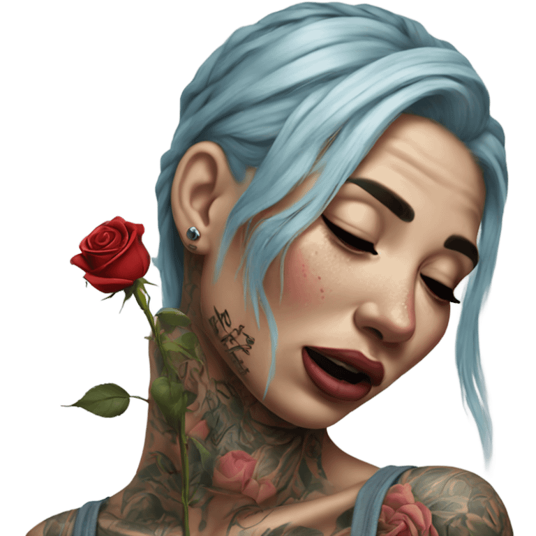 Hyper Realistic Beautiful tattooed woman crying holding a rose emoji