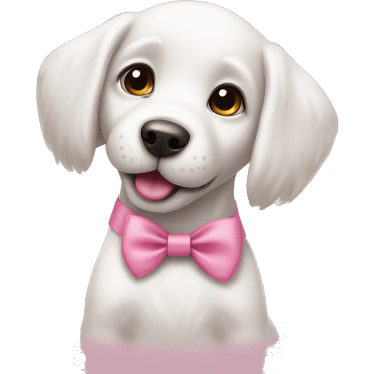 Cute white puppy with a pink bow for a collar emoji