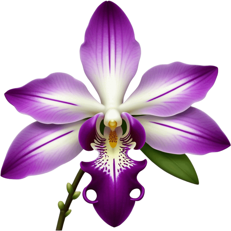 Cinematic Realistic Orchid Emoji, Exotic and elegant, with intricate, velvety petals in deep purple and white, forming a delicate and symmetrical blossom. The slender green stem holds the flower high, while surrounding leaves add lush contrast. Soft glowing outline, capturing the essence of rare beauty and sophistication in a captivating orchid. emoji