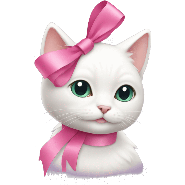 Cute full white cat with pink ribbon emoji