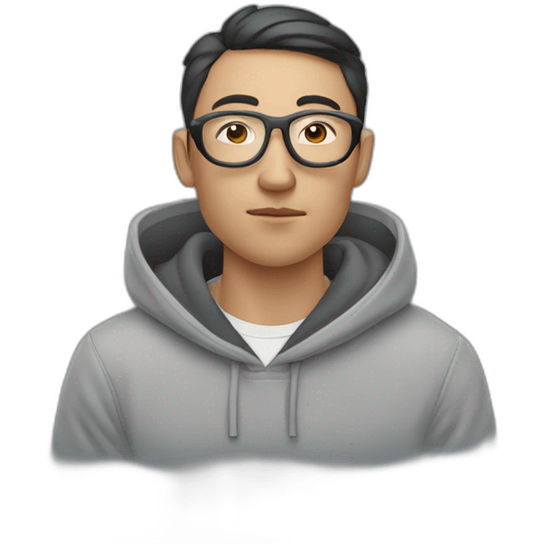 kazakh guy with glasees in grey hoody smoking sigarete with airpods in the ears emoji