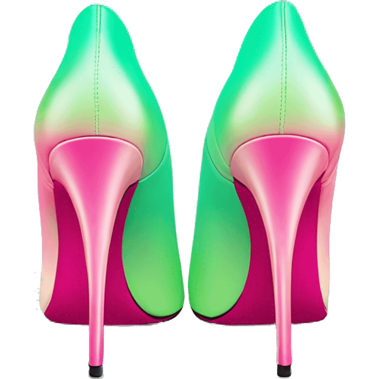 Realistic isolated top view pair of pointed toe hot pink to mint green ombre high heel shoes. emoji