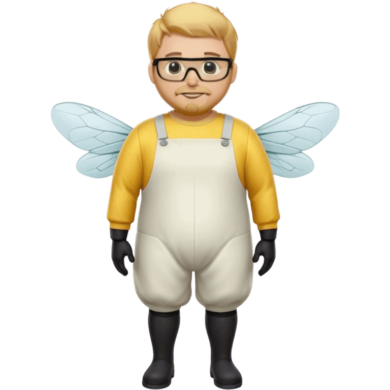 full body medium plus size male bee keeper in yellow and black with  short light strawberry blonde hair and goatee wearing glasses  emoji