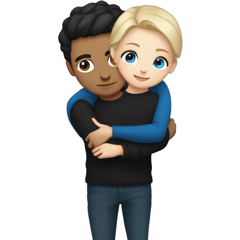 dark Blonde girl with blue eyes in black sweater and an east asian with light skin man with black hair and black eyes hugging emoji