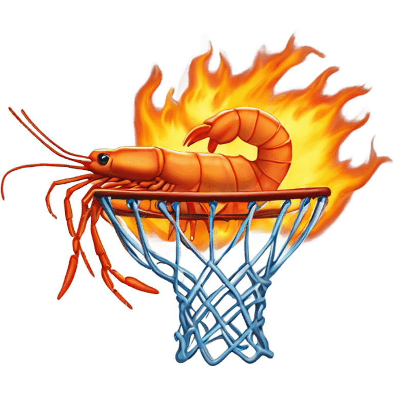 Flaming shrimp dunking on basketball hoop emoji