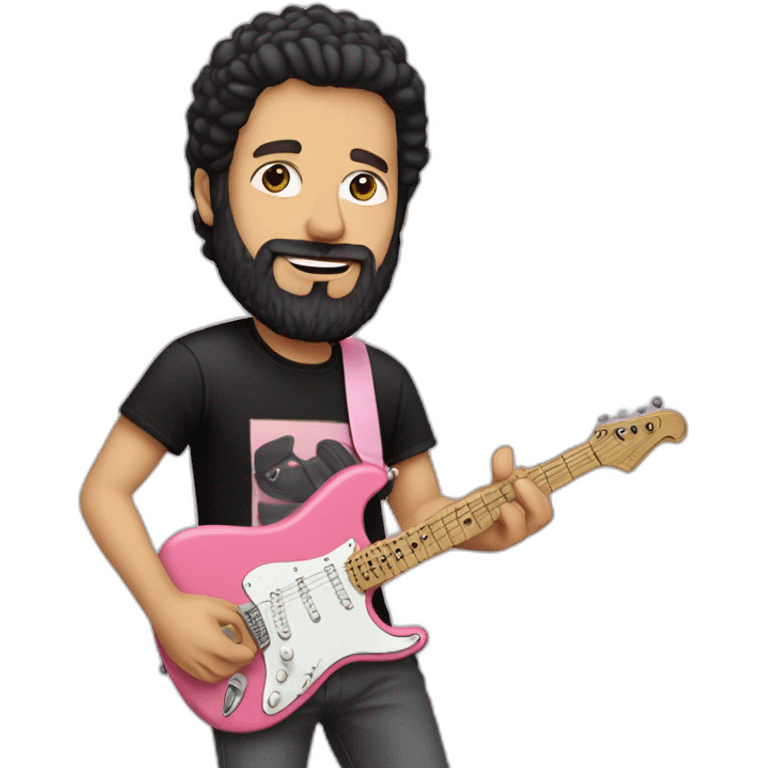 white man with dark beard and black t shirt and pastel pink stratocaster electric guitar emoji