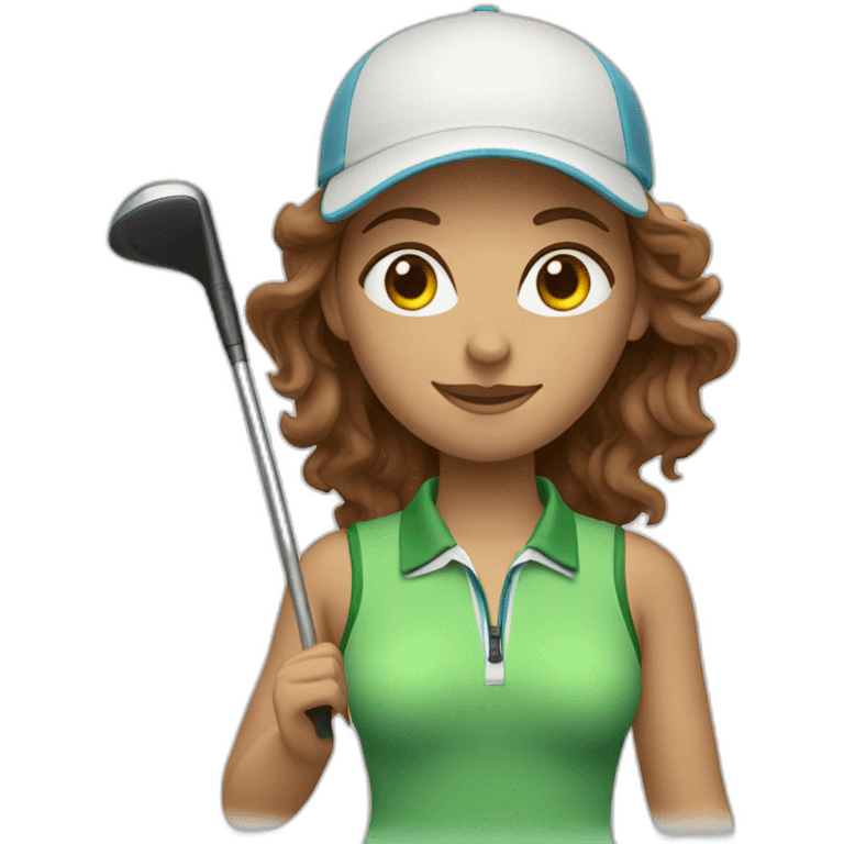 female with brown wavy hair dressed in golfwear with golf gear emoji