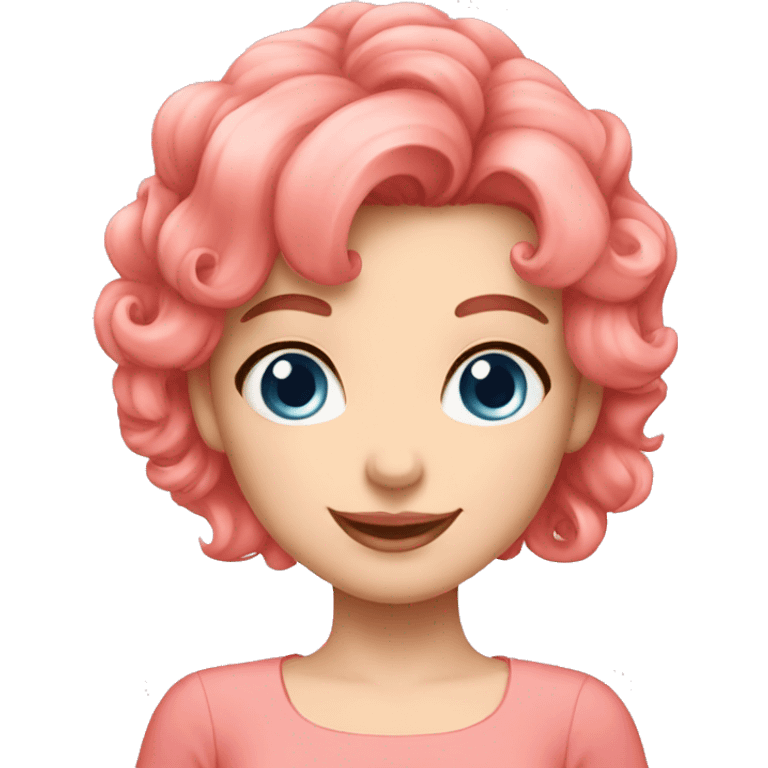 Girl coral pink hair, blue eyes, pink bow, pink blouse, happy emoji