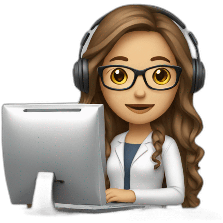 woman-white,-brown-long-hair,-brown-eyes,-white-glasses,-with-a-computer-and-a-headset emoji