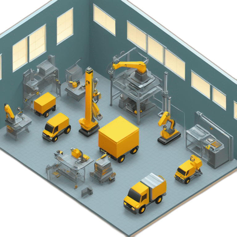 isometric square solid outline border containing indoor creative factory structure people active working machine tools simple clean code-boilerplate starter-kit #edc31b  emoji