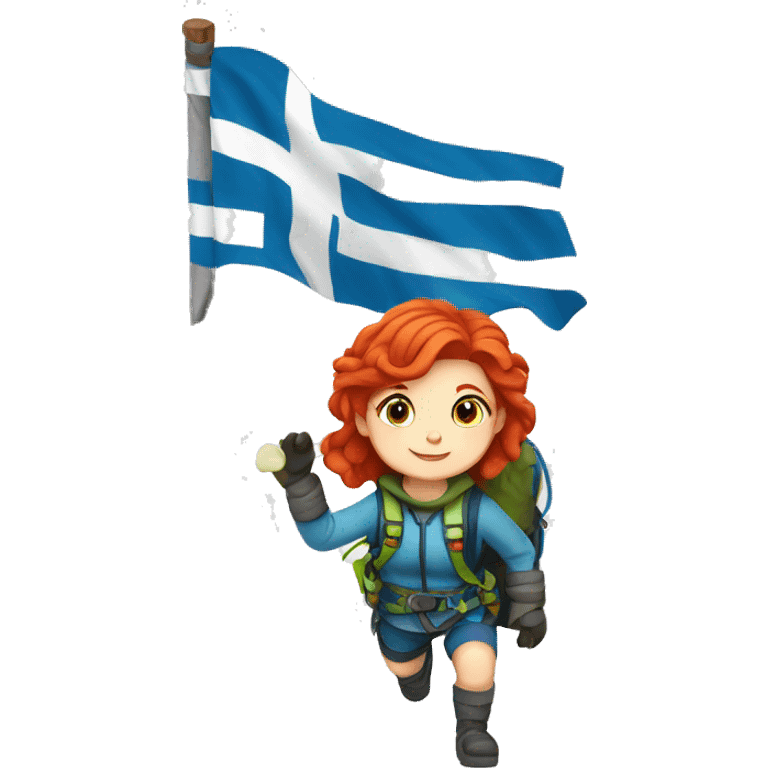 Female winter mountain climber red hair white skin climbing with Greek Flag and Easter eggs basket emoji