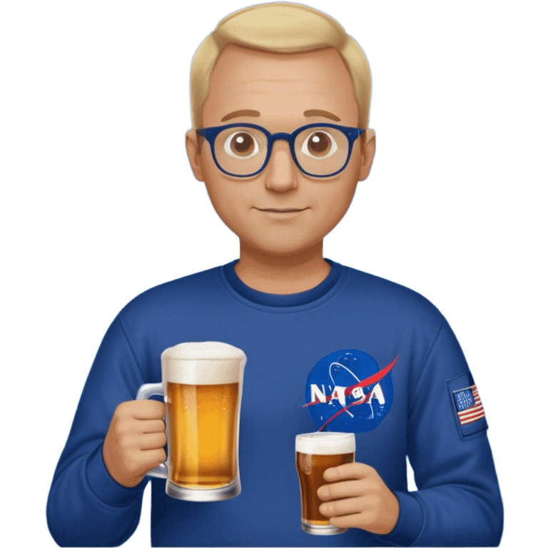 happy chubby man, drinks a beer,  blond short and hight receding hairline, wearing a dark blue sweatshirt, nasa logo on the sweatshirt, round glasses without frame, 40 years old emoji