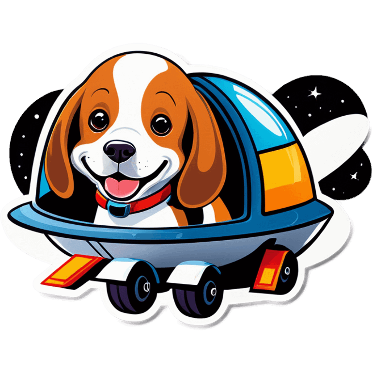 A beagle driving a spaceship and smiling emoji