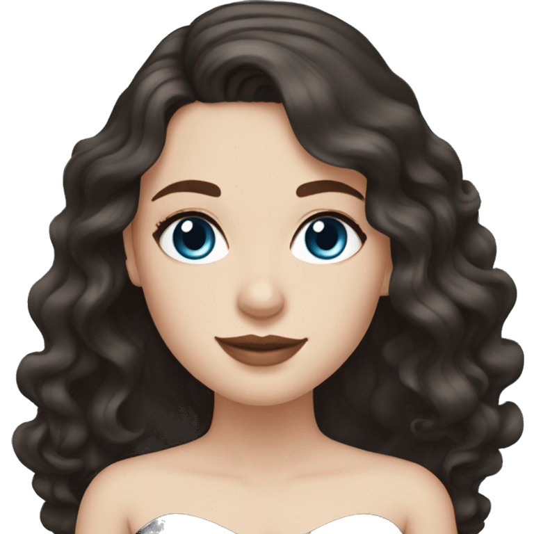 White Girl with wavy dark brown long hair, blue eyes in a black wedding dress emoji