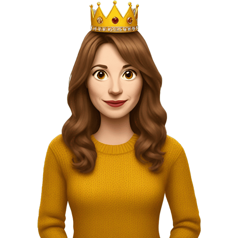 White English woman with long brown hair and face framing layered bangs dressed in a mustard yellow sweater with birthday crown and negroni in hand emoji