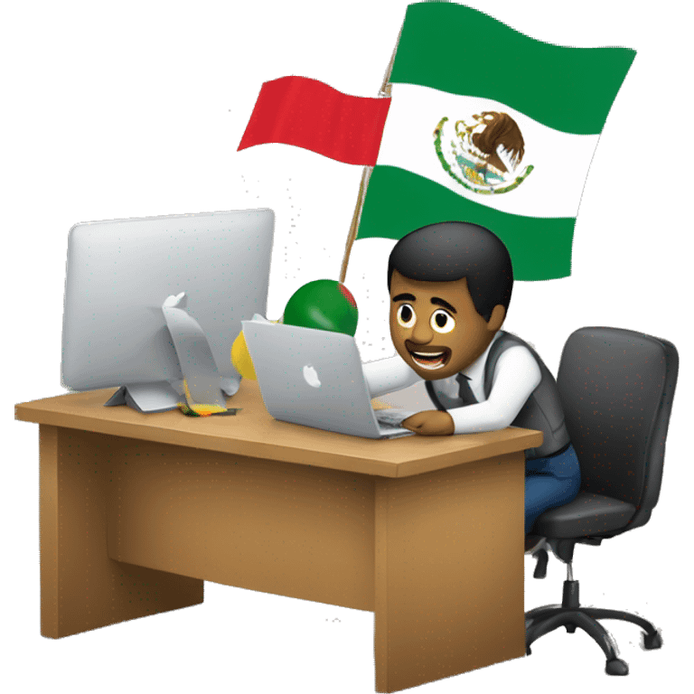 men working on a desk with a macbook  and the mexican and brasil flags on the background  emoji